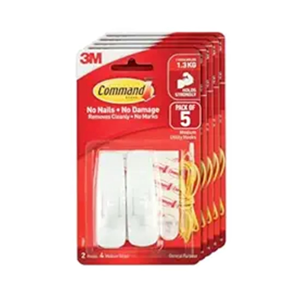 Command 3M Medium Wall Hooks, Holds up to 1.3kg, No Paint Damage, Holds Strongly, Reusable, Adhesive Hooks for Wall, Multi-Surface, Pack of 5 (White, 2 Hooks, 4 Strips Each)