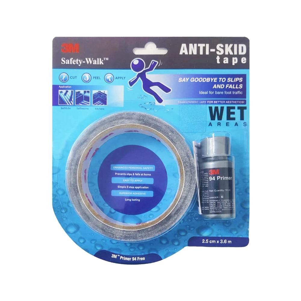 3M Anti Skid Tape with Primer 10ml, Heavy Duty Transparent Adhesive Tape for Bathrooms, Kitchen, Bathtubs, Prevent Slip &amp; Falls, Easy to Apply, Long Lasting, Skid Resistant (2.5cmx3.6m, Wet Areas)
