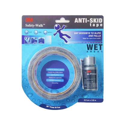 3M Anti Skid Tape with Primer 10ml, Heavy Duty Transparent Adhesive Tape for Bathrooms, Kitchen, Bathtubs, Prevent Slip &amp; Falls, Easy to Apply, Long Lasting, Skid Resistant (2.5cmx3.6m, Wet Areas)