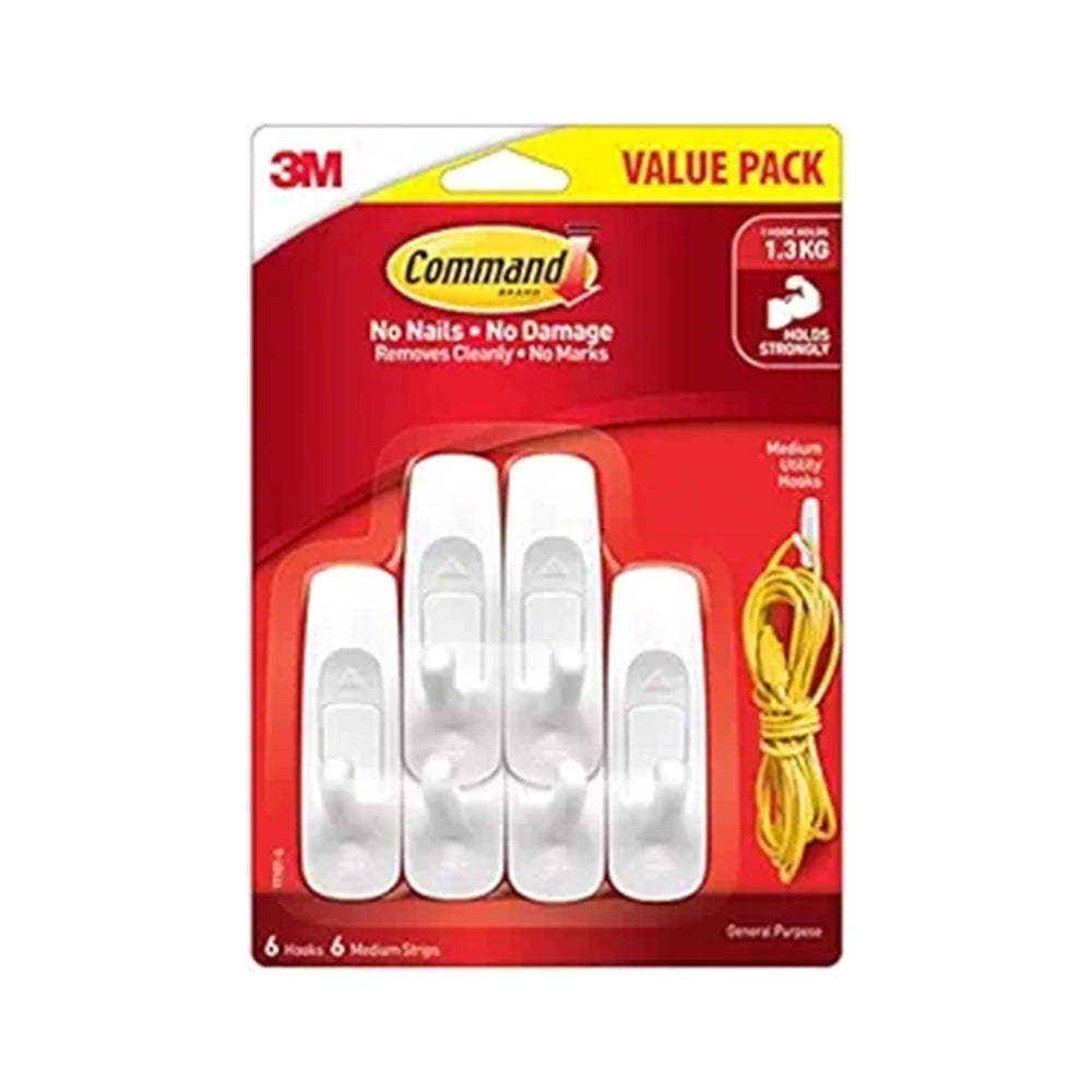 Command 3M Medium wall Hooks, Holds 1.3kg, No Paint Damage, Heavy Duty, Holds Strongly, Reusable, Adhesive Hooks for wall, Multi-Surface (White, 6 Hooks, 6 Strips)
