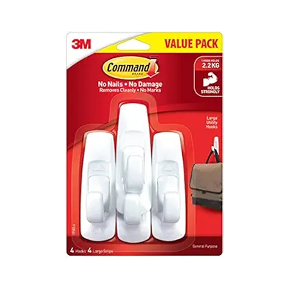 Command 3M Large Utility Wall Hooks, Holds 2.2 kg, No Paint Damage, Heavy Duty, Holds Strongly, Reusable, Adhesive Hooks for Wall, Multi-Surface (White, 4 Hooks, 4 Strips)