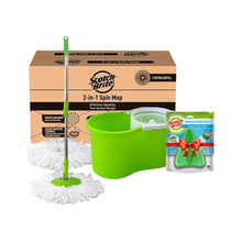 Scotch-Brite Twin Bucket Spin Mop with Easy Wring &amp; Rinse System, 360° Adjustable Handle, High Absorbency Microfiber for Deep Cleaning on All Floor Types, 1 Extra Refill (Green)