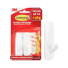 3M Command Medium Wall Hooks, Holds 1.3kg, No paint damage, Heavy Duty, Holds Strongly, Reusable, Adhesive hooks for wall, Multi-surface (White, 2hooks, 4 strips)