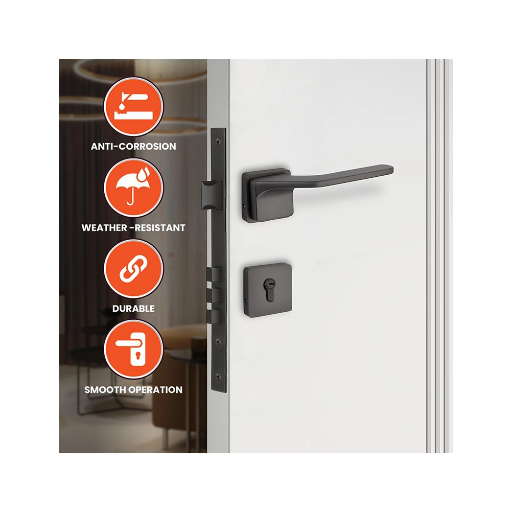 IVAS Andria Zinc Premium Door Lock for Main Door | Mortise Door Lock for Bedroom | Door Lock Handle Set- 3 Brass Keys for Home, Office, Hotel | Black Nickel Matt Finish | 5-Year Warranty