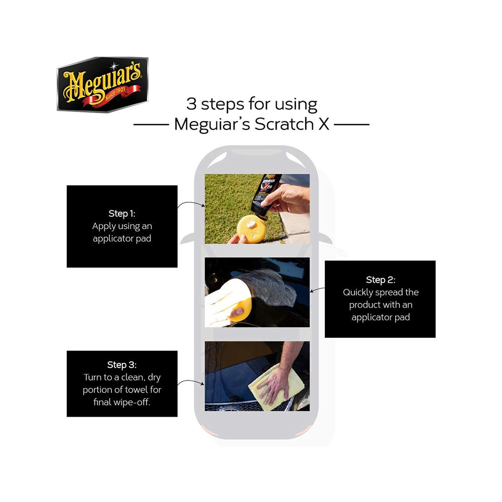 Meguiars Scratch X (207 ml), Minor DIY car Scratch Remover, restores Clarity and Gloss .Polymer Wax Protection, Brilliant car Shine, Super Micro Abrasive Technology