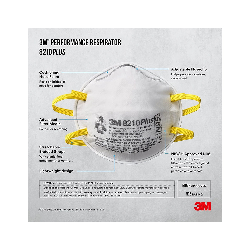 3M 8210 Disposable Respirator N95 Face Mask, Non Woven Fabric, Metal Nose Clip and Elastic Headband, NIOSH Approved, Particulate Anti Air Pollution Respirator (Pack of 20)