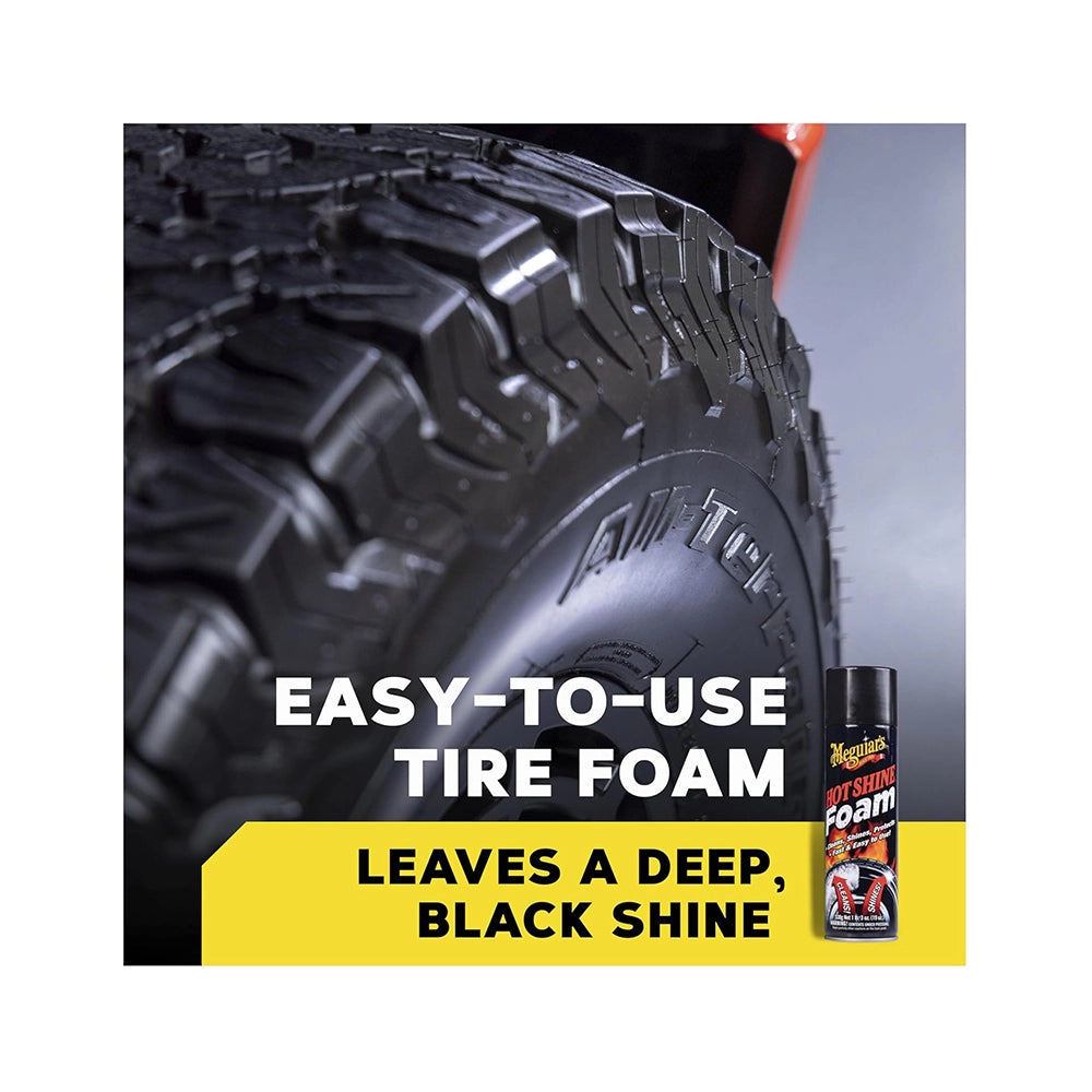 Meguiar's Hot Shine Tire Foam Easy to use Aerosol Tire Shine with UV Protection for Glossy, Rich Black Tires