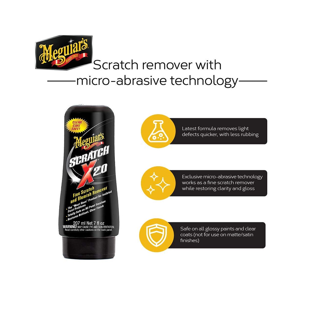 Meguiars Scratch X (207 ml), Minor DIY car Scratch Remover, restores Clarity and Gloss .Polymer Wax Protection, Brilliant car Shine, Super Micro Abrasive Technology