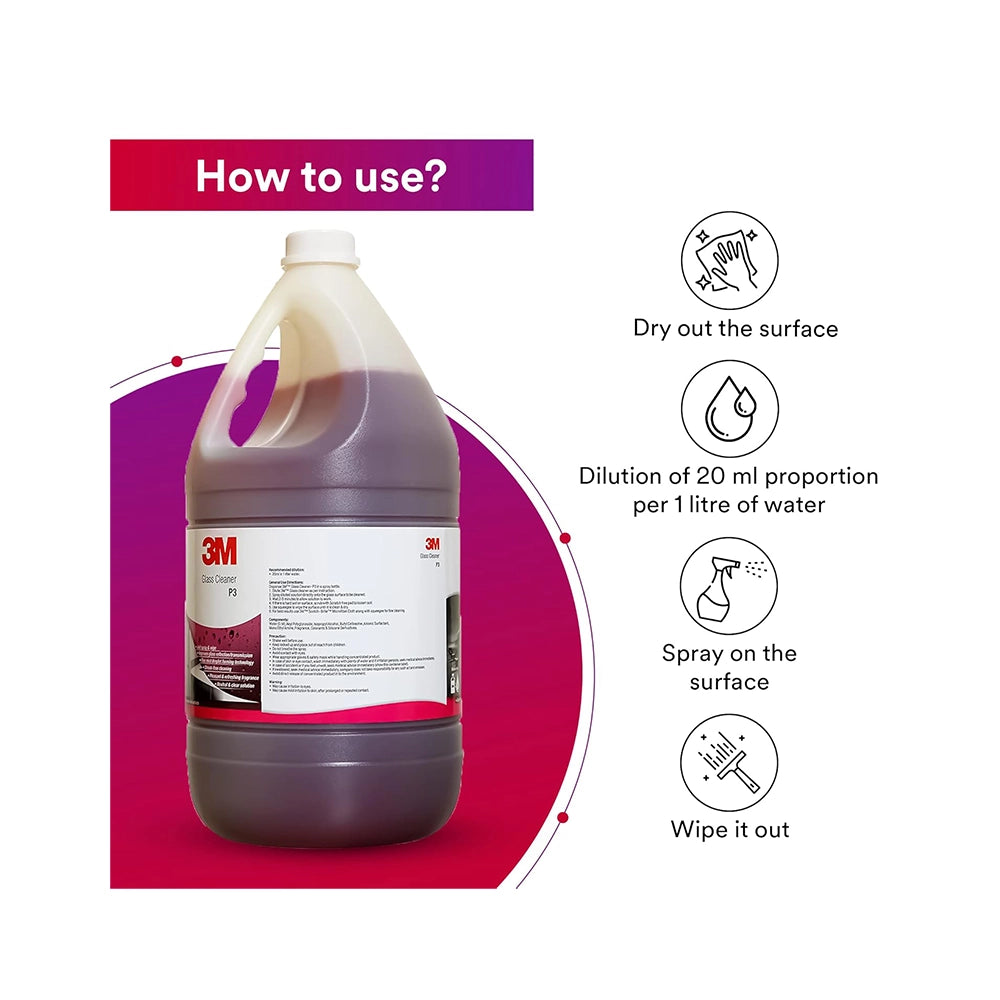3M Professional P3 Glass Cleaner, Ammonia Free Liquid Spray for Multi-surface, Mirror, Windows and Commercial Use, Just Spray &amp; Wipe, Remove Tough Stains with Streak-free Shine (5L, Pack of 1)