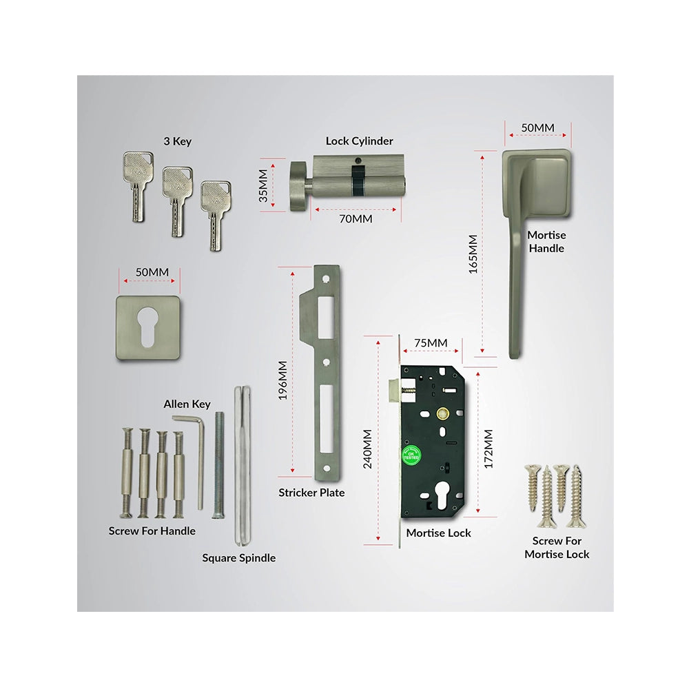 IVAS Andria Zinc Premium Door Lock for Main Door | Mortise Door Lock for Bedroom | Door Lock Handle Set- 3 Brass Keys for Home, Office, Hotel | Black Nickel Matt Finish | 5-Year Warranty